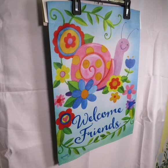 Welcome Friends Floral & Snail Spring SOFT Garden Flag 18x12" Made by Evergreen - Picture 2 of 11
